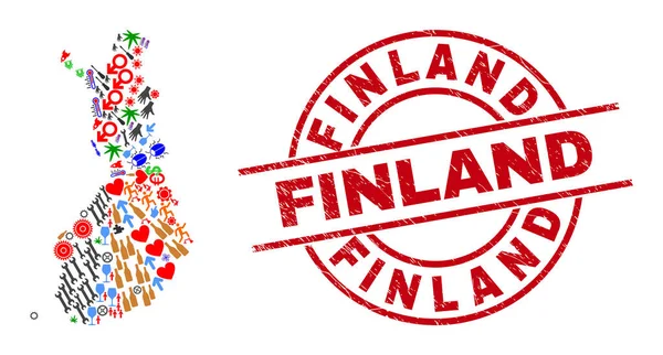 Finsko Razítko nouzové pečeti a Finsko Mapa Koláž různých ikon — Stockový vektor