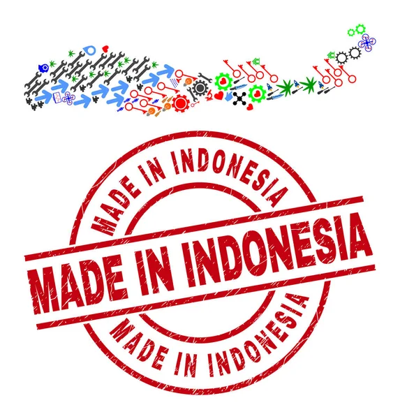 Tillverkad i Indonesien Texturerat märke och Flores Island of Indonesia Karta Collage av olika piktogram — Stock vektor