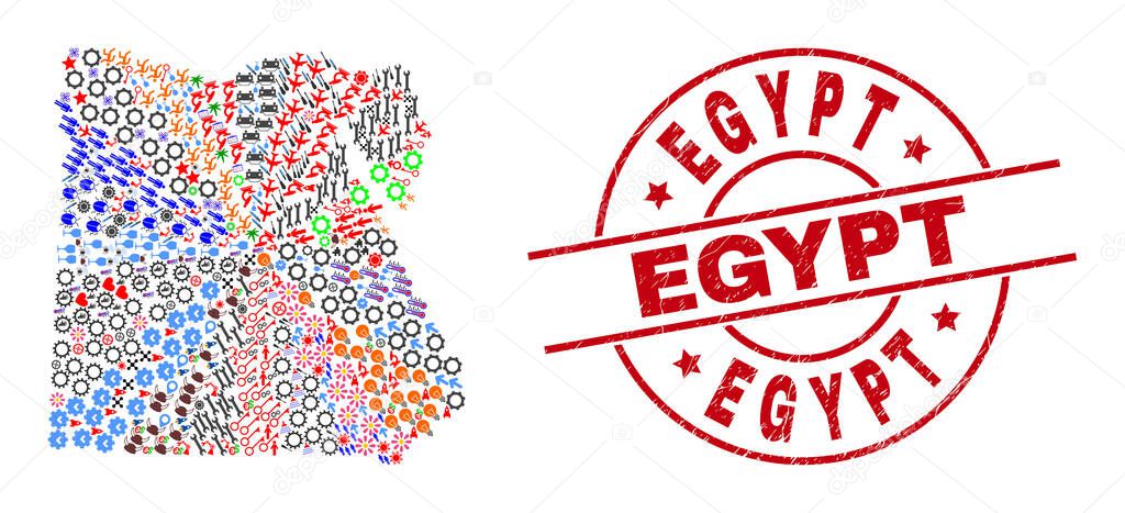 Egypt Distress Seal Stamp and Egypt Map Collage of Different Symbols