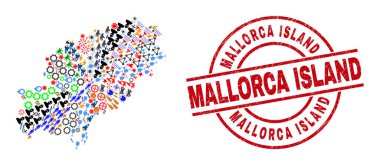 Mallorca Adası Mühür Mührü ve İbiza Adası Haritası Değişik Semboller Mozaiği