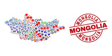 Moğolistan Mühür ve Moğolistan Haritası Farklı Semboller Mozaiği