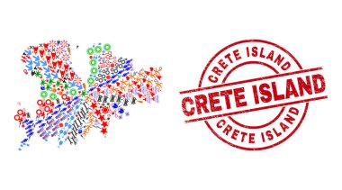 Girit Adası Tehlike Damgası ve Mykonos Adası Farklı Simgeler Mozaiği