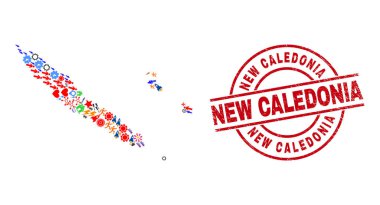 Yeni Kaledonya Grunge Mühür Mührü ve Yeni Kaledonya Adaları Farklı Semboller Harita Kolajı
