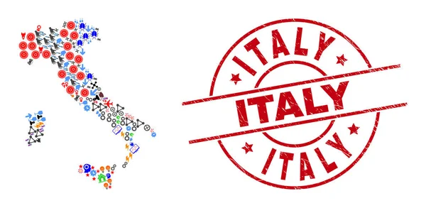 Italia Textured Badge e Italia Mappa Mosaico di oggetti diversi — Vettoriale Stock