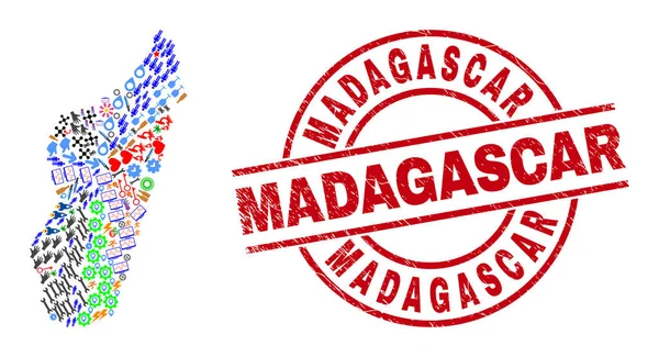 Madagascar Distress Seal and Madagascar Island Map Mosaic of Different Pictograms — стоковий вектор