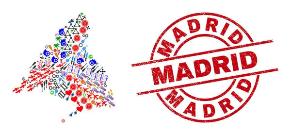 Sello rayado de Madrid y mapa de la provincia de Madrid Mosaico de diferentes símbolos — Archivo Imágenes Vectoriales