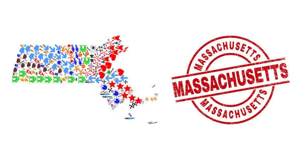 Massachusetts Grunge Seal и Massachusetts State Map Коллаж различных икон — стоковый вектор