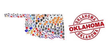 Oklahoma Grunge Mühür Mührü ve Oklahoma Eyalet Haritası Farklı Semboller Mozaiği