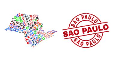 Sao Paulo, farklı simgelerin filigran ve Sao Paulo Eyalet Haritası Kolajını çizdi