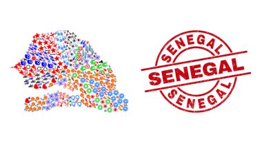Senegal Tehlike Damgası ve Farklı Simgelerin Senegal Harita Mozaiği