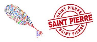Saint Pierre Grunge Filigranı ve St Kitts Adası Harita Kolajı Farklı Semboller