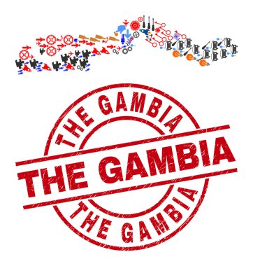 Gambiya Tehlike Damgası ve Gambiya Haritası Farklı Piktogramlar Mozaiği