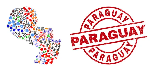 Paraguay Textured Seal e Paraguay Mappa Mosaico di diversi simboli — Vettoriale Stock