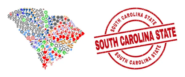 South Carolina State Grunge Watermark och South Carolina State Map Collage av olika ikoner — Stock vektor