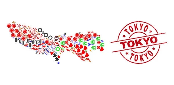 东京质感邮票印章及东京道府县不同项目的地图拼贴 — 图库矢量图片