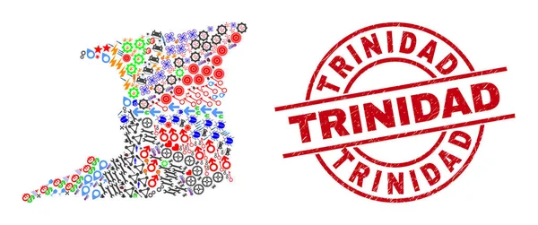 Trinidad Distress Odznak a Trinidad Island Mapa Mozaika různých symbolů — Stockový vektor