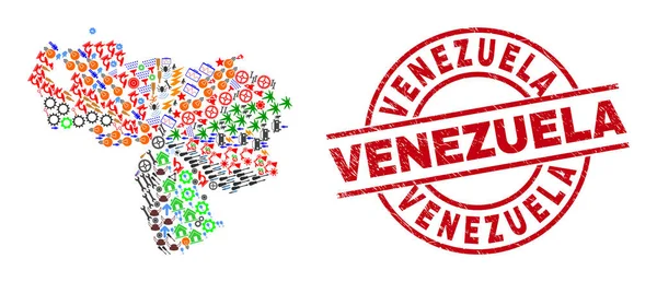 Venezuela Texturé filigrane et Venezuela Carte Mosaïque d'icônes différentes — Image vectorielle