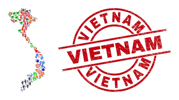 Vietnam-Seenotzeichen und Vietnam-Kartenmosaik mit verschiedenen Symbolen — Stockvektor
