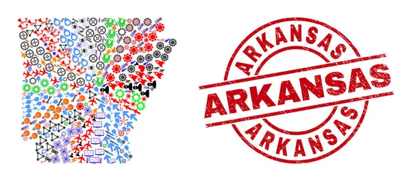 Arkansas Grunge pecsét és Arkansas állam térképe különböző szimbólumok kollázsa — Stock Vector