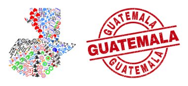 Guatemala desenli Pul ve Guatemala Harita Mozaiği Farklı Piktogramlar