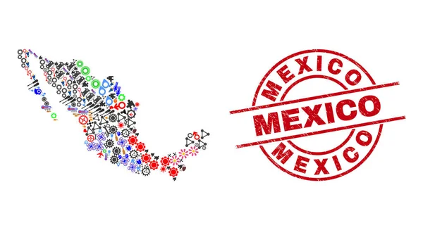 México Distress Badge e México Mapa Mosaico de diferentes símbolos —  Vetores de Stock