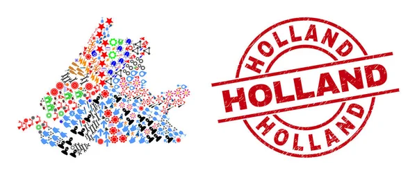 Holland Textured Watermark e Mapa da Holanda do Sul Mosaico de diferentes itens — Vetor de Stock