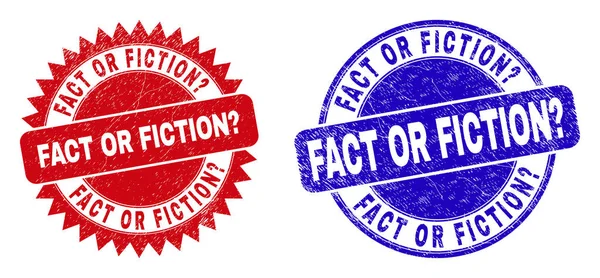 FACT VAGY FICTION kérdés Kerekített és rozettás bélyegzők korrodált felülettel — Stock Vector