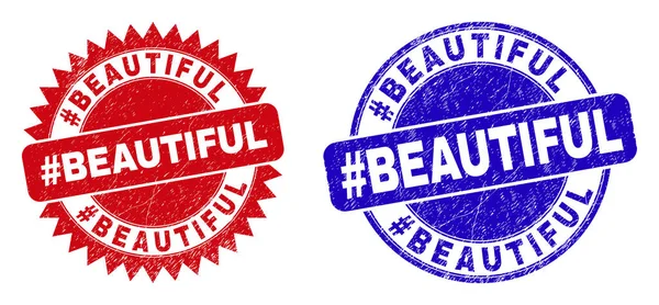 Hashtag BEAUTIFUL kulaté a růžové pečetě s nečistým povrchem — Stockový vektor