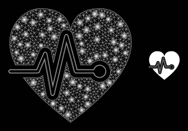 Vector Mesh Web Heart Pulse with Shiny Carcass Stars — стоковий вектор