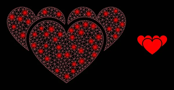 Vector Mesh Web Love Hearts with Glare Wire Frame Spots — 스톡 벡터