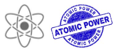 Mavi Grunge Atom Güç Rozeti ile Yarıton Dot Biçiminde Atom
