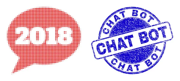 Globo de mensaje 2018 en estilo de punto de medio tono con insignia de bot de chat de angustia azul — Vector de stock