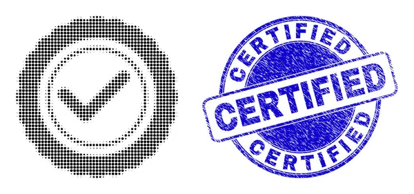 Beoordeel Seal in Halftone Dot Style met Blue Scratched Certified Watermark — Stockvector