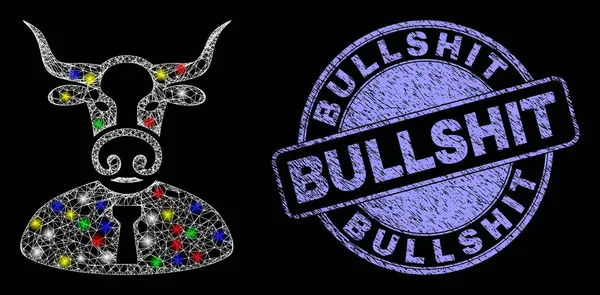 Grunge Bullshit Stamp Seal and Glowing Mesh Bull Boss — Stockvector