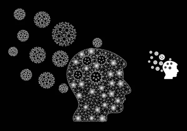 Trilha de infecção cerebral Web de malha vetorial com flashes de carcaça de brilho — Vetor de Stock