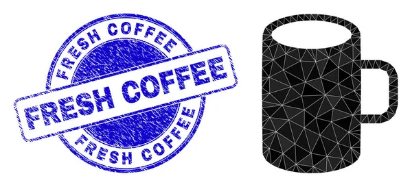 Grunge Frischer Kaffee Runde Abzeichen und Tasse polygonale Ikone — Stockvektor