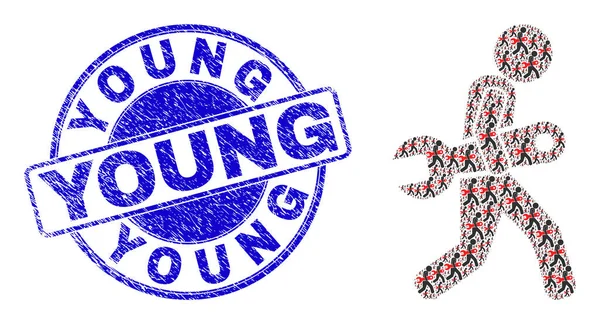 Grunge Young Stamp Seal és Spanner Robber Rekurzív mozaik Self Icons — Stock Vector