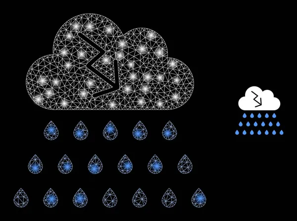 Nube de tormenta web de malla vectorial con llamaradas de marco de alambre brillante — Archivo Imágenes Vectoriales