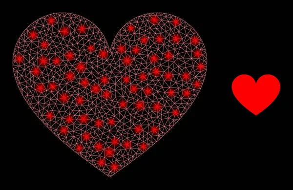 Vector Mesh Net Love Heart avec des taches de cadre en fil lumineux — Image vectorielle