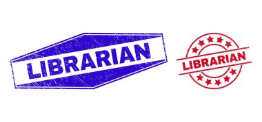 Çember ve Altıgen Şekiller İçinde Kütüphaneci Grunge Rozetleri