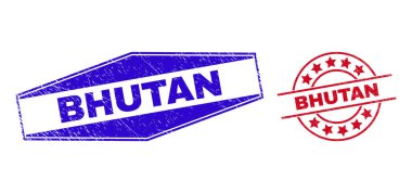 BHUTAN Kirli Damga Mührü Yuvarlak ve Altıgen Biçimlerinde