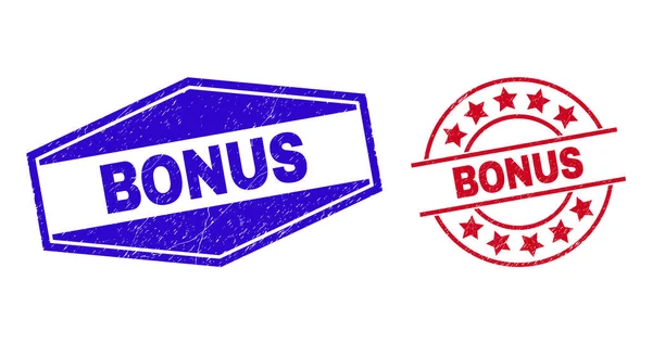 Нечистые печати марок BONUS в круговых и шестиугольных формах — стоковый вектор