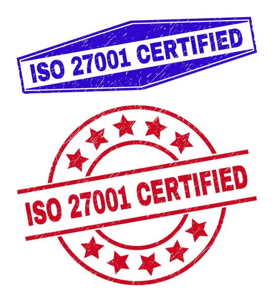 ISO 27001 CERTIFIED Zkorodované odznaky v kruhových a šestiúhelníkových tvarech — Stockový vektor