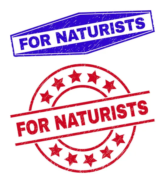 FOR NATURISTS Corroded Badges in Circle and Hexagonal Shapes — Stock Vector