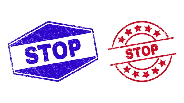 STOP Textured Badges in Round and Hexagon Форми — стоковий вектор