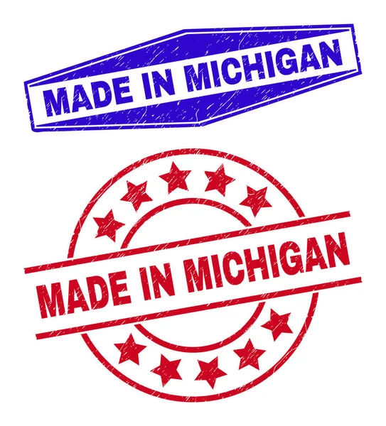 MADE IN MICHIGAN Grunge Stamps in Circle and Hexagon Forms — Stock Vector