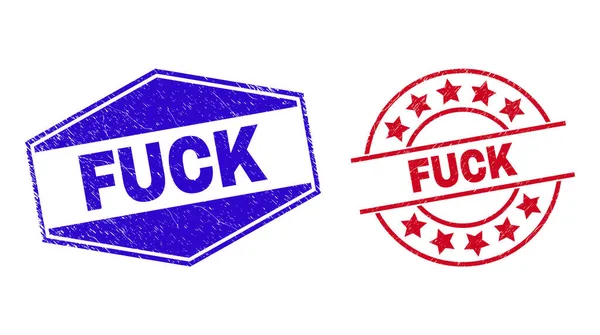 FUCK Grunge Stamps in Circle and Hexagon Forms —  Vetores de Stock