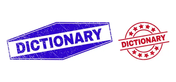 DICTIONARY Corroded Badges in Circle and Hexagonal Forms — Stock Vector