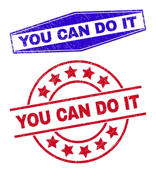 YOU CAN DO IT Scratched Stamps in Circle and Hexagon Shapes — Stock Vector