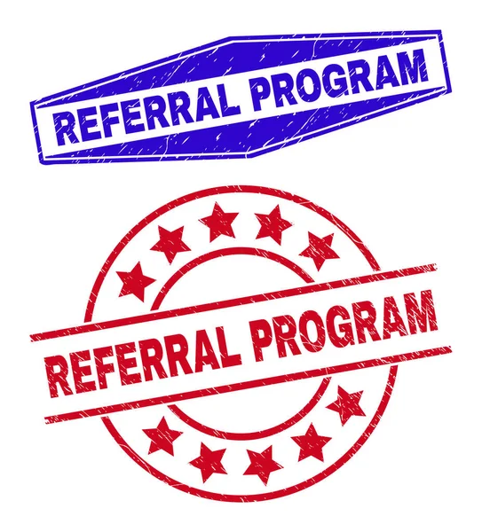 REFERRAL PROGRAM Orena frimärken i cirkel- och hexagonala former — Stock vektor